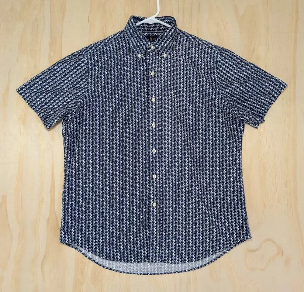 Polo Ralph Lauren Men's Medium Blue P Wing Print Cotton Button Down Shirt